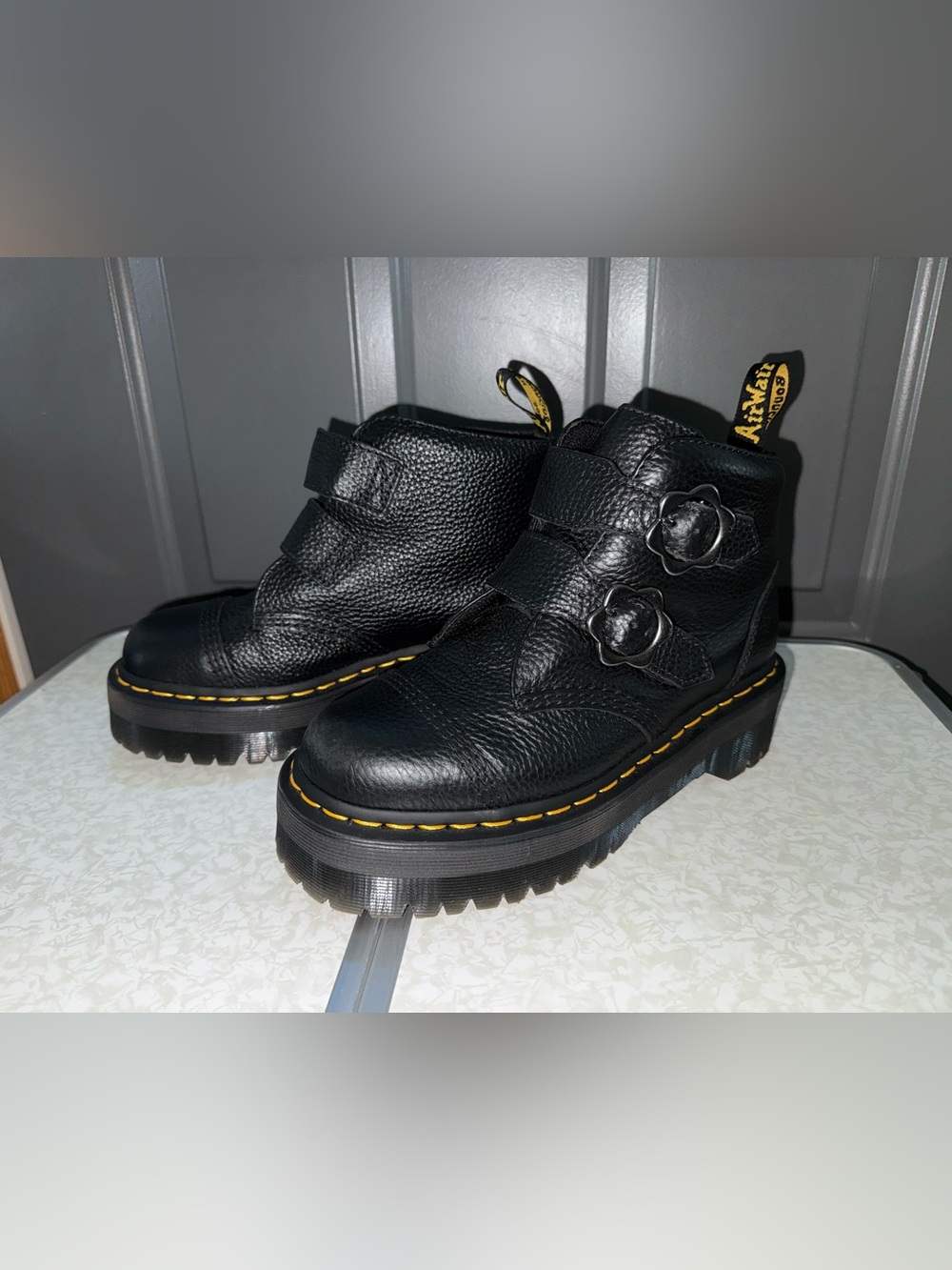 Dr. Martens Black Leather Ankle Boots with Yellow Stitching